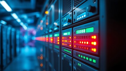 Fototapeta premium A sleek server rack with glowing indicators, embodying modern technology and innovation.