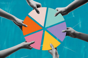Teamwork and Data Visualization Illustration – Eight Hands Holding Colorful Pie Chart Segments on Teal Background