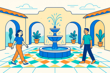 Colorful courtyard interior with fountain, potted plants, and two people walking in a bright abstract background style. Ai generative. Ai generative
