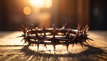 Fototapeta premium Crown of thorns close up on rustic wooden table with blurred cross in background, dramatic sunlight, symbolizing sacrifice, suffering, and hope in spiritual context
