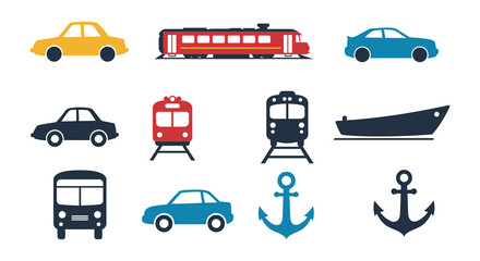 various modes of transportation including cars trains boats buses and anchors