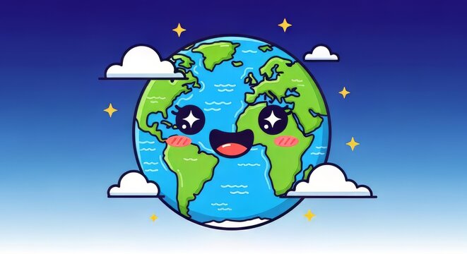 Cute Earth Cartoon with Clouds and Stars
