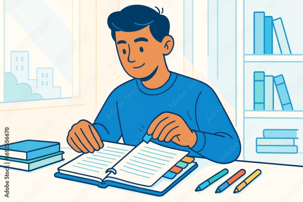 Aufkleber Student studying with open book and colorful pens on desk in a bright room with bookshelf and window in background, concept of education lifestyle. Ai generative