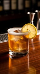 Whiskey Sour Cocktail with Lemon Slice on Bar Top.