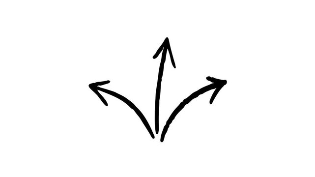 Three doodle arrows pointing up and around, hand writen style. Stop motion animation on a white background. 4K Video.