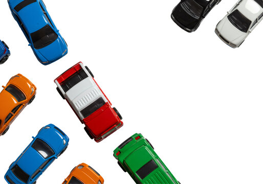 カラフルなミニカーのコレクション 黒い背景に多様なモデルのおもちゃ 上からのビュー