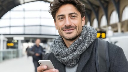 Man holding smartphone and smiling at busy train station during winter - Powered by Adobe