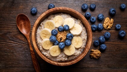 creamy oatmeal topped with banana slices blueberries walnuts in a rustic bowl on wood food overhead