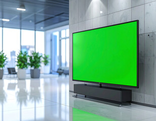 Fototapeta premium Large green screen television mounted on a wall in a modern office lobby with a sleek soundbar