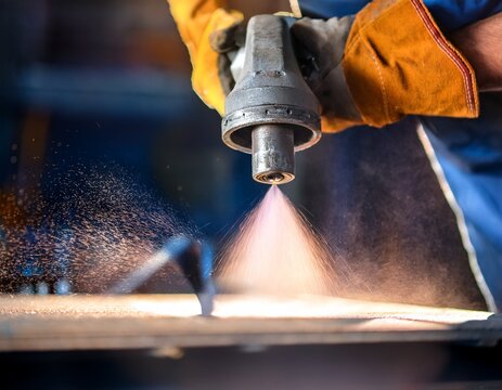 close up of industrial sandblasting process on metal surface