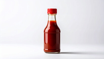 A single bottle of red wine and a filled glass are isolated on a white background