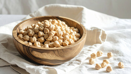 Close-up shot of a wooden bowl filled with dried chickpeas, set on a white cloth.