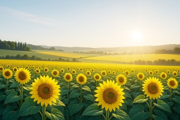 Fototapeta premium Bright sunflower field under morning sunlight with rolling hills in background, showing vivid nature and landscape in a creative light-filled scene.