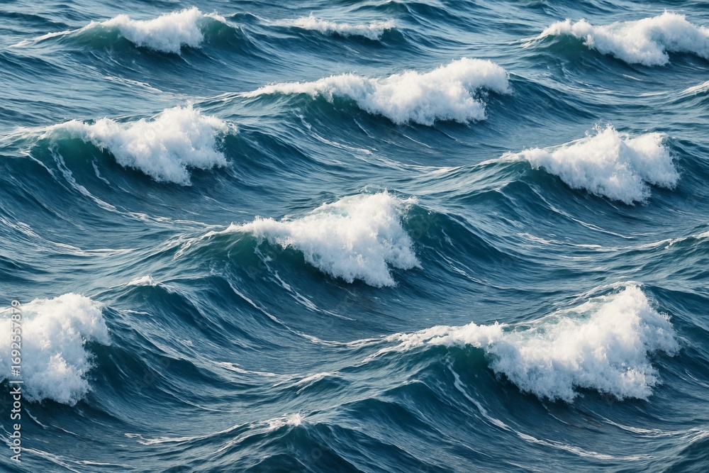 Poster ocean surface with repeating waves and foam under natural sunlight, showing deep blue sea texture pa