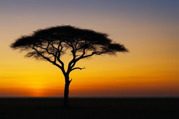 Fototapeta premium Silhouette of a lone acacia tree in wide open field with vibrant orange and purple sunset glowing in the background sky creating peaceful nature scene. Ai generative