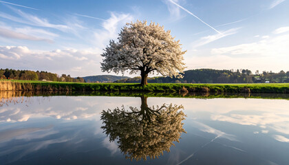 A beautiful tree in full bloom with white flowers reflected in the calm water of a lake.