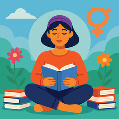 Woman Surrounded by Books for International Women's Day