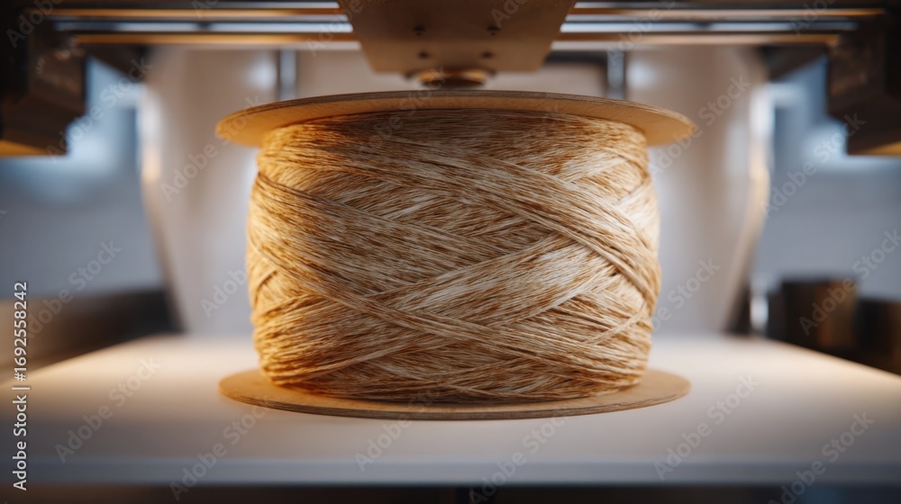 Poster an image focusing on the spool of cellulose filament revealing its fibrous natural appearance and ea