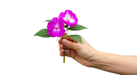 a gentle offering hand presenting delicate pink flowers, symbolizing sweetness and tenderness, isolated on transparent background