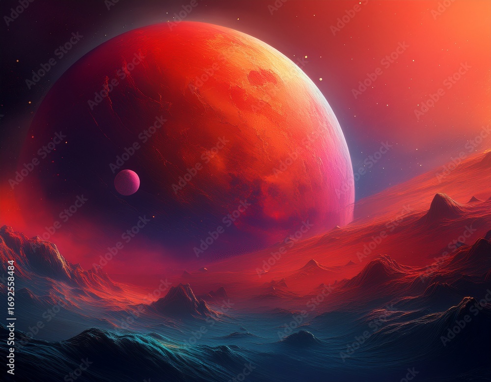 Poster abstract celestial scene with red planet and moody gradient overlay for artistic background