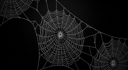 Closeup of a dewcovered spider web glistening on a dark background