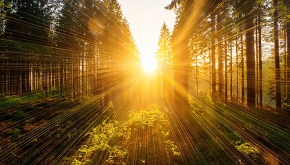 a bright yellow sun is shining through the trees