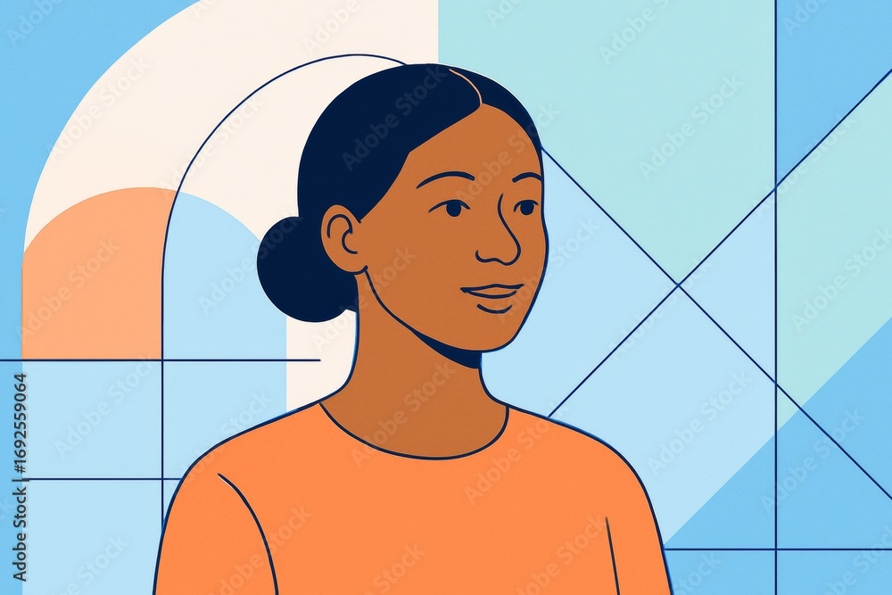 Aufkleber woman with a calm expression in abstract geometric background with light pastel tones and soft color