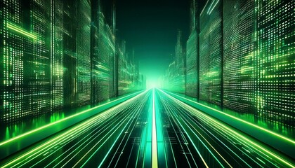 futuristic highway with green digital code walls