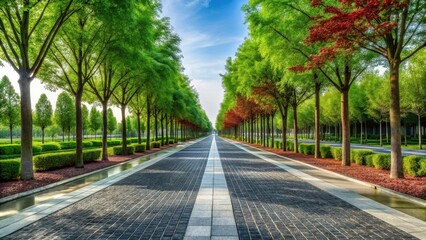 Obraz premium Serene Pathway Lined with Lush Green and Red Trees Under a Bright Sky