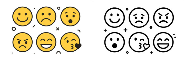 Collection of smiley face icons with various emotional expressions. Set includes yellow filled and black outline emoticons for happy, sad, angry, and surprised moods