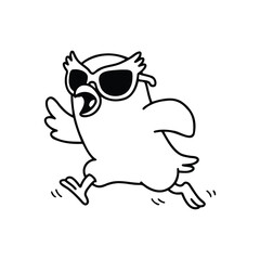 A funny owl coloring page for kids and adults. A simple black and white line art drawing of a cool bird in sunglasses running fast.