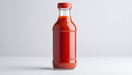 A clear glass bottle filled with vibrant red tomato ketchup, set against a plain background.