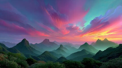 Obraz premium Misty mountain peaks bathed in a pastel sunset, golden rays piercing through drifting fog, a surreal and calming natural wonder
