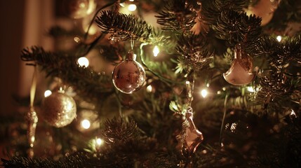 A beautifully decorated tree with glowing ornaments, evoking festive holiday spirit.