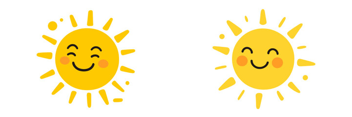 Two cute smiling sun characters with happy faces, cartoon emoji style for weather forecast or kids design