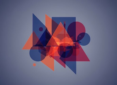 Abstract geometric background with overlapping transparent triangles and circles in red, blue and purple gradient colors. Modern minimal design with dynamic polygonal shapes for creative art template