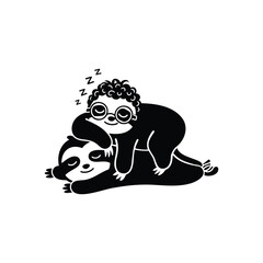 Two cute sloth friends sleeping and cuddling together. A charming and peaceful cartoon illustration of animal companionship. A simple vector graphic