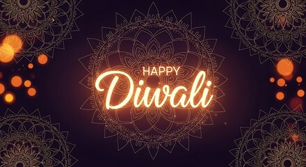 Glowing Diwali Greeting with Intricate Mandala Designs and Bokeh Effect.