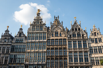 Ornate facades of old historic Guildhouses in the Grote Markt main square of Antwerp, Belgium