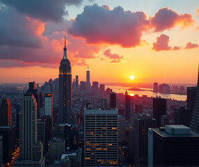 new york city skyline at sunset