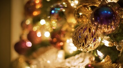 A beautifully decorated tree with glowing ornaments, evoking festive holiday spirit.