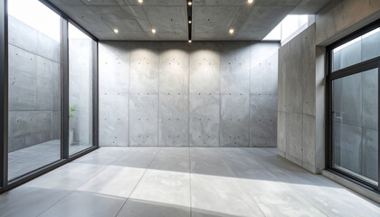 Modern interior space with concrete walls, large windows, and a minimalist design.