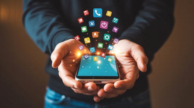 Hands holding smartphone with colorful apps floating above, digital connection