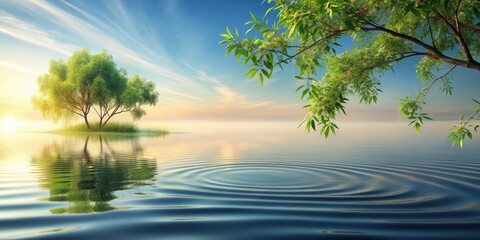 Serene Waters at Sunrise A Solitary Tree Reflects in Calm Lake with Gentle Ripples and Overhanging Branches