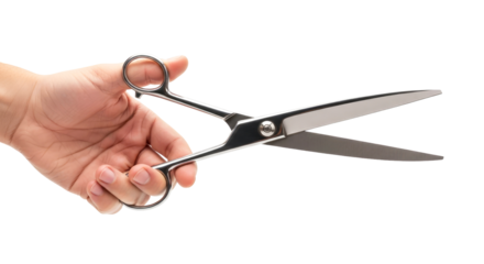 a hand extends precision offering sharp steel scissors, ready to cut, a symbol of control and creation, isolated on transparent background