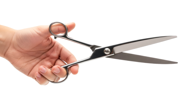 a hand extends precision offering sharp steel scissors, ready to cut, a symbol of control and creation, isolated on transparent background