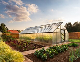 modern greenhouse and vegetable garden in backyard