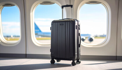 A black rolling suitcase stands inside an airplane, with a view of the runway through the windows.
