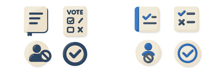 3D icon set for voting and user interface with checkmark, ballot, list, and blocked user symbols for web and mobile apps