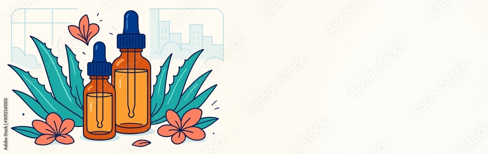 Poster herbal essential oil dropper bottles with aloe and flowers on left side and light empty space on rig